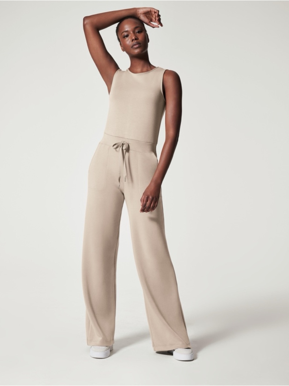 Spanx air essentials sleeveless jumpsuit tan taupe size small wide leg